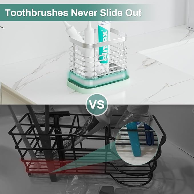 Tooth Brush Holder for Bathroom, Stainless Steel Shower Electric Toothbrush Holder Organizer Storage Cup with Tray, Kids Toothpaste Sink Caddy Stand, Silver Bathroom Countertop Accessories Decor