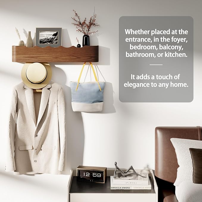 Coat Rack Wall Mount with Shelf 5 Hidden Hooks Modern Wooden Key Holder Entryway Organizer for Hallway Bedroom Bathroom Home Decor Storage for Hanging Coats Hats Bags Towels, Wave-Shape Walnut