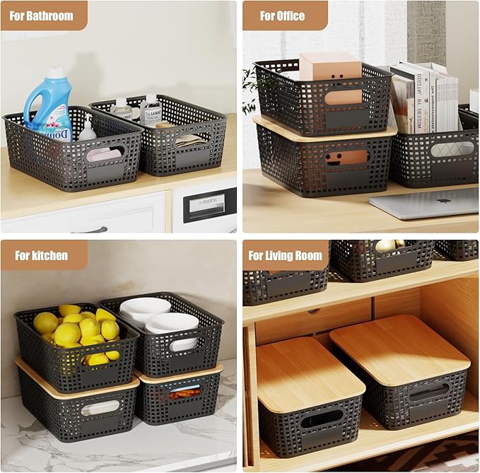 8 PCS Plastic Storage Bins with Bamboo Lid, Stackable Storage Baskets with Lids & Labels for Organizing, Storage Bins for shelves, Office, Drawer, Cabinet & Pantry,Nursery Organization,10.2*7.2*4.1In