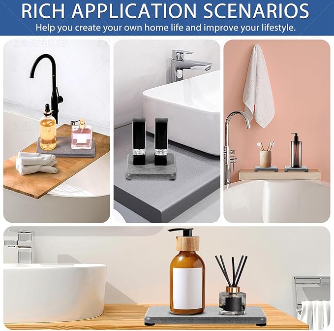 4PCS Water Absorbing Stone Tray, Stone Drying Tray for Bathroom Sink and Kitchen Counter, Fast Drying Diatomite Sink Coasters, Diatomaceous Coaster, Soap Dish Holders