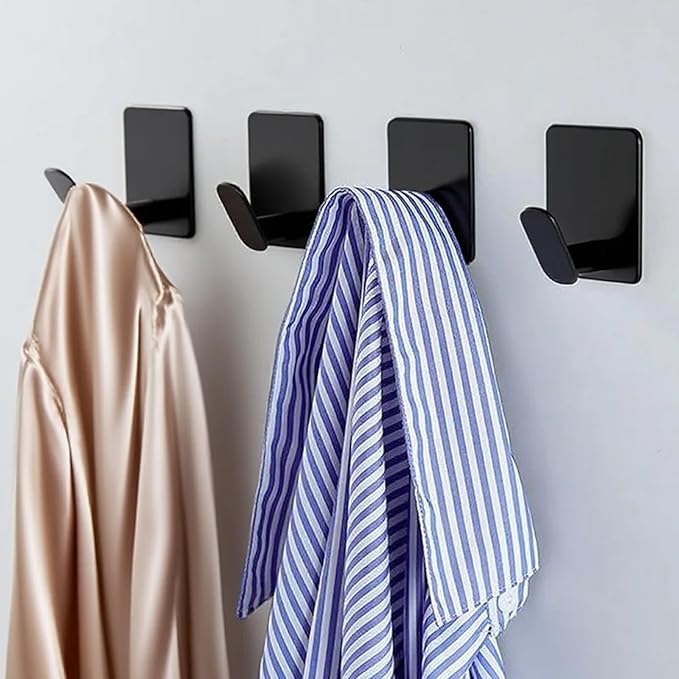 Adhesive Towel Hooks for Bathroom, 4-Pack Matte Black Stainless Steel Wall Hooks, Heavy-Duty No-Drill Adhesive Hooks for Towels, Coats, Jackets, Kitchen, Shower, RV & Apartment Decor