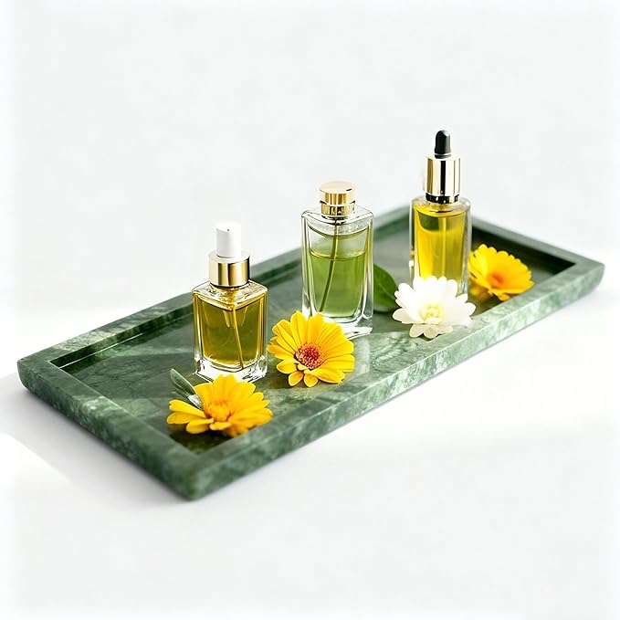 Natural Marble Vanity Bathroom Tray, 12 x 6 Inch Elegant Home Decor Tray for Kitchen,Bathroom,Dresser, Coffee Table,Sink Storage Holder Organizer, Green (NS029)