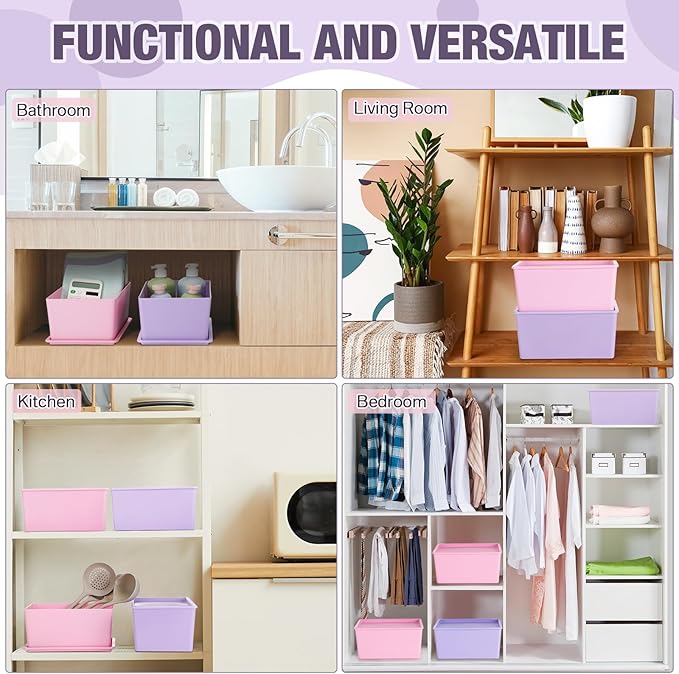 Menkxi 6 Pcs Storage Bins with Lids Small Plastic Storage Containers Stackable Storing Baskets Box Cute Organizer Bins for Organizing Shelves (Pink,Purple)