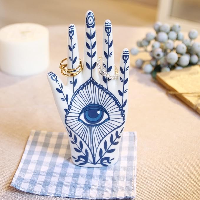 Hamsa Ring Holder organizer, aesthetic Room Decor with Blue Eye Boho style for Bathroom, Bedroom; Gifts for Women Home Decor