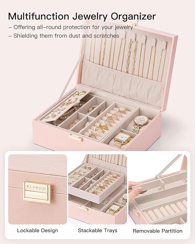 Vlando 2 Layer Jewelry Box Large Jewelry Organizer for Women Removable Jewelery Tray with Watch Pillow for Necklace Earrings Rings Bracelets Jewelry Boxes for Christmas Gifts Mother's Day Gifts (Pink)