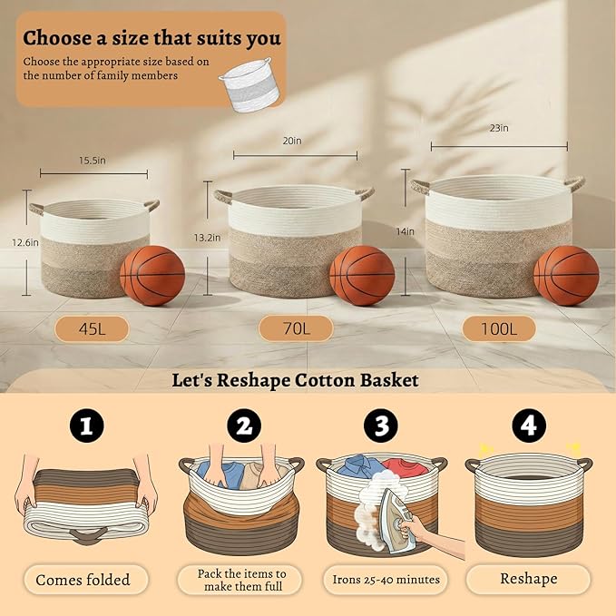 70L Large Cotton Rope Basket, Decorative Woven Blanket Storage for Living Room, Boho Toy Storage & Toy Box for Kids, Versatile Laundry Basket & Nursery Hamper for Blankets(BrownYellow)