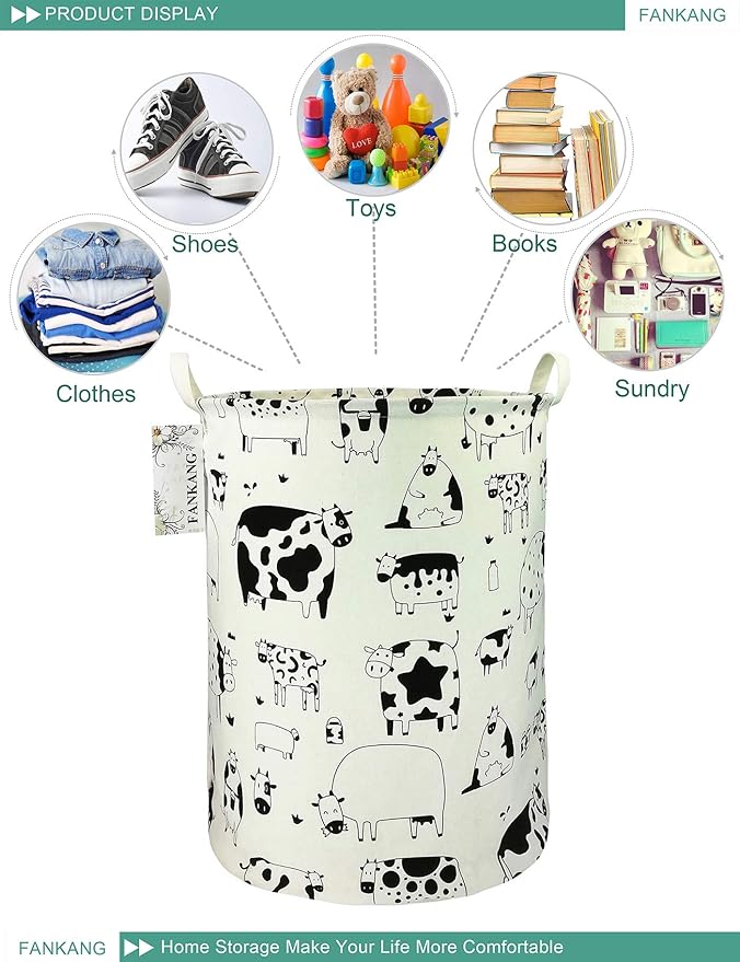 FANKANG Storage Basket, Nursery Hamper Canvas Laundry Basket Foldable with Waterproof PE Coating Large Storage Baskets for Kids Boys and Girls, Office, Bedroom, Clothes,Toysï¼Cowsï¼