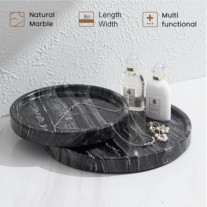 Natural Marble Tray, Round Black Tray for Bedroom/Bathroom/Kitchen/Vanity Countertop, Jewelry Tray for Rings Earrings Necklace Bracelet Watch, Room Decor Aesthetic