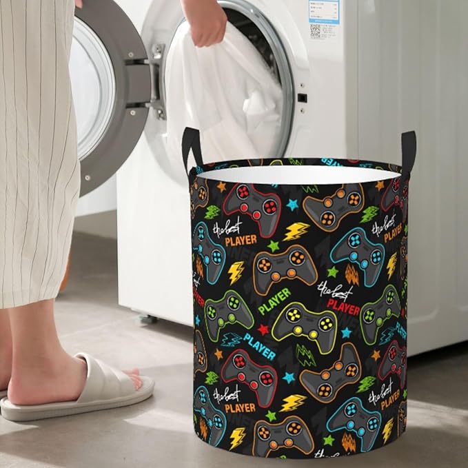 Video Game Controller Round Laundry Hamper Gaming Joysticks Storage Basket Toys Clothes Organizer Bin For Home Bathroom Bedroom Dorm Nursery, 38l