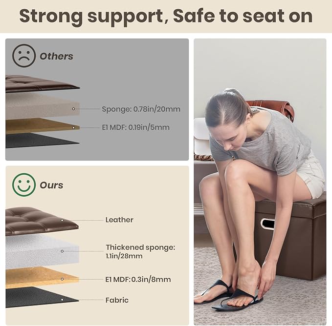 COSYLAND Ottoman with Storage Folding Leather Ottoman Footrest Foot Stool Brown Ottoman for Rooms Small Rectangle Collapsible Bench Furniture with Handles Lid 17x13x13in