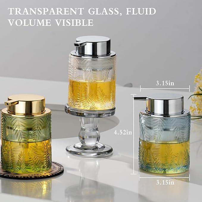 Foaming Hand Soap Dispenser - Glass Foam or Lotion Dispenser for Kitchen & Bathroom, Refillable with Large Silver Pump (Leaf Pattern-Clear)