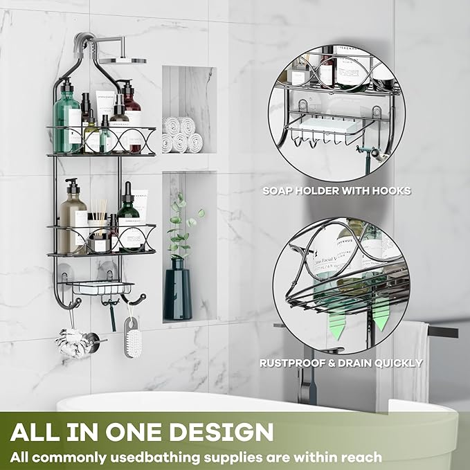 Shower Caddy Hanging Organizer, Over Shower Head Rack Removable Design For Versatile Storage of Bottles and Accessories With Suction Cup Hooks Black Coated