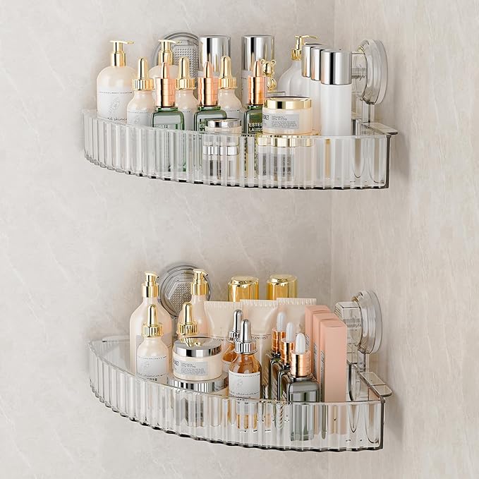 Shower Caddy Suction Cup Bathroom Shower Organizer for Bathroom Storage & Home Decor & Kitchen No Drilling Large Capacity Removable and Reusable Shower Shelves for Inside Shower. (clear, corner)