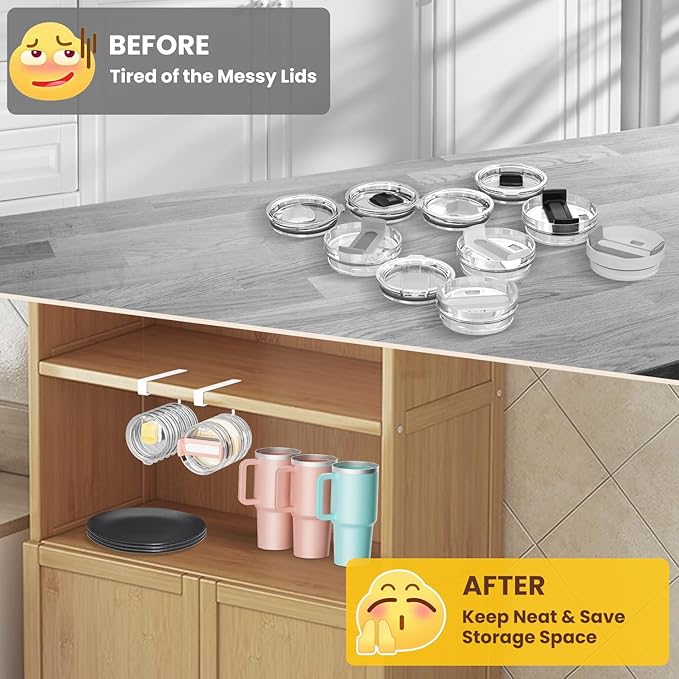 2 Pack Tumbler Lid Organizer, Under Cabinet Cup Lid Holder for Yeti Insulated Mug/Stanley Insulated Mug/Simple Modern Insulated Mug Lid, No Gluing, No Drilling, Up to 10 Lids (White)