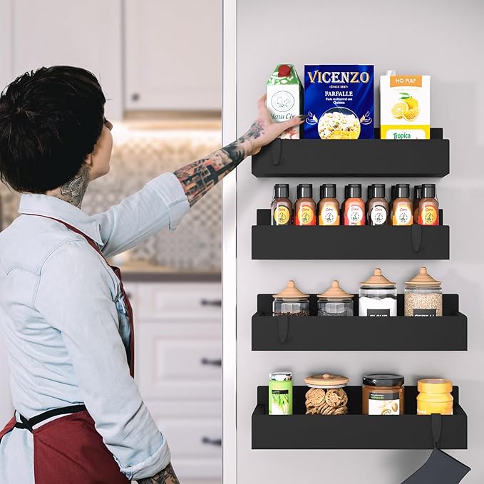 Metal Magnetic Spice Rack for Refrigerator – 5 Pack Strong Magnet Organizer Shelves with Notepad – Black Heavy-Duty Spice Storage for Kitchen, Pantry, Laundry, Apartment, RV