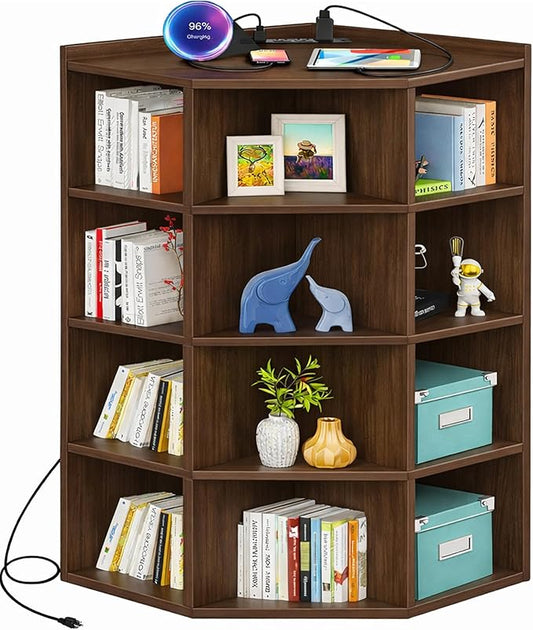 Aheaplus Corner Cabinet, 5-Tier Corner Bookshelf with Power Outlets, Corner Cube Storage Shelf with Top Table, Wooden L Shaped Cubby Toy Storage for Home Office, Bedroom, Living Room, Black Walnut