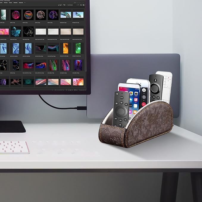 TV Remote Control Holder with 5 Compartments,Pu Leather Remote Caddy/Box/Tray Nightstand Desktop Storage Organizer Store DVD,Blu-Ray,Media Player,Heater Controllers, Makeup Office Supplies