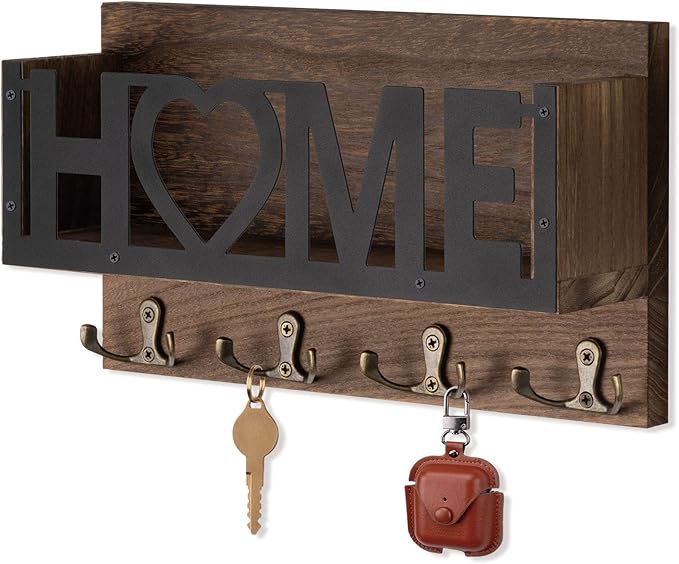Wall Mount Mail and Key Holder, Wooden Mail Organizer with 4 Double Hooks, Black Metal Letters, Farmhouse Home Decor, Entryway Storage, 10.8 x 3.3 x 6.2 Inches
