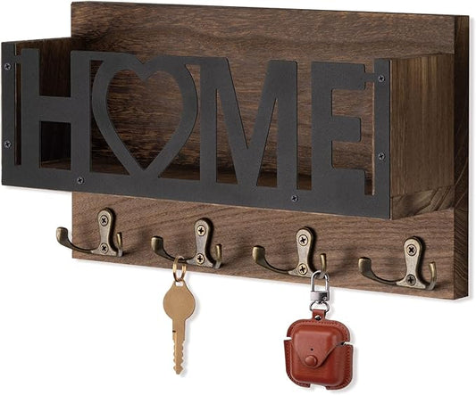 Wall Mount Mail and Key Holder, Wooden Mail Organizer with 4 Double Hooks, Black Metal Letters, Farmhouse Home Decor, Entryway Storage, 10.8 x 3.3 x 6.2 Inches