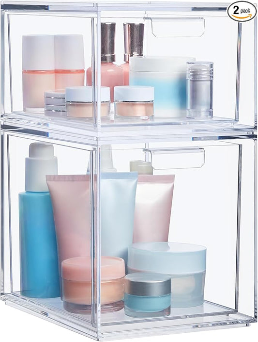 STORi Audrey Stackable Clear Bin Plastic Organizer Drawers | 2 Piece Set | Organize Cosmetics and Beauty Supplies on a Vanity | Made in USA