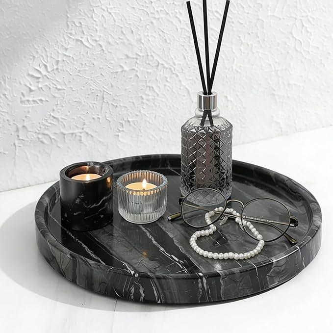Natural Marble Tray, Round Black Tray for Bedroom/Bathroom/Kitchen/Vanity Countertop, Jewelry Tray for Rings Earrings Necklace Bracelet Watch, Room Decor Aesthetic
