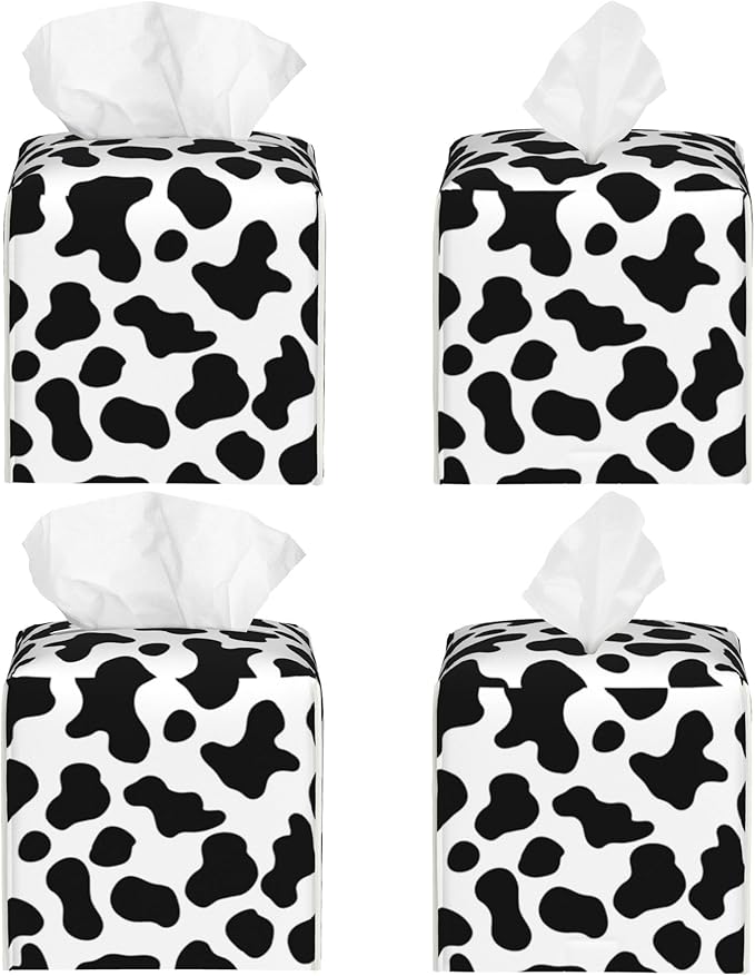Cow Print Tissue Box Cover Leather Tissue Box Holder Square Facial Paper Organizer Dispenser for Bathroom Kitchen Bedroom Vanity Countertop Night Stands