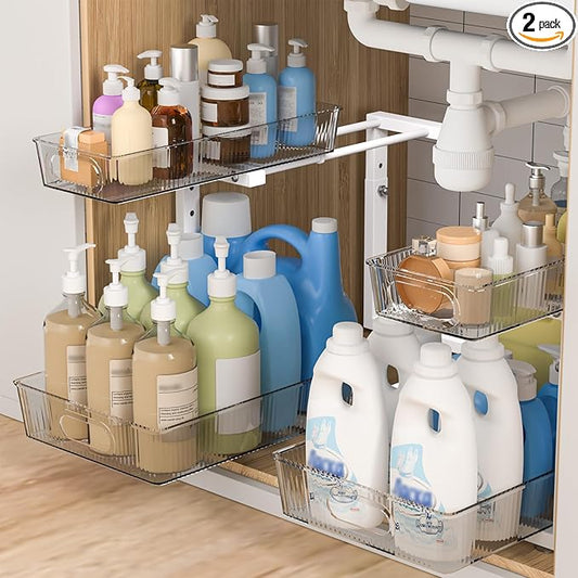ETOYA Under Sink Organizer 2 Pack Pull Out Bathroom Cabinet Countertop Organizer 2 Tier Slide Out Kitchen Organizers and Storage Bathroom & Laundry Under Under Sink Shelf- White