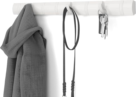 Umbra Flip Wall-Mounted Coat Rack with 8 Hooks – Modern, Space-Saving Storage for Hats, Jackets, Bags, Entryway, Mudroom, Closet, Bathroom, Bedroom – White/White