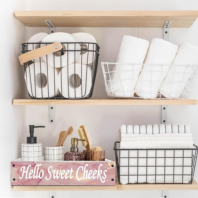Lnond Rustic Bathroom Decor Box,Toilet Tank Tray Storage Basket, Hello Sweet Cheeks Bathroom Wooden Toilet Paper Basket with Handle (Pink Gold Marble)