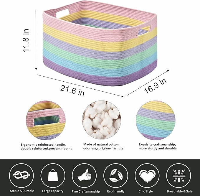 Large Blanket Basket, Rectangle Woven Baskets for Storage, Blanket Storage for Living Room, Cotton Rope Big Storage Basket for Blankets (Light Rainbow)