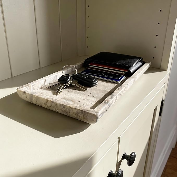 Natural Travertine Marble Vanity Bathroom Tray, 12 x 6 Inch Elegant Home Decor Tray for Kitchen,Bathroom,Dresser, Coffee Table,Sink Storage Holder Organizer, Gray Travertine (NS052)