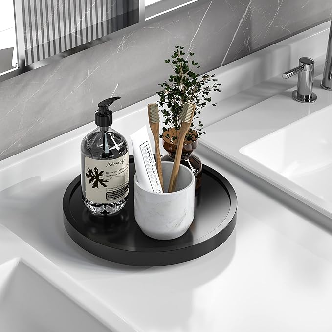 Turntable Vanity Tray 9 Inch for Perfume Candle, Bamboo Kitchen Sink Countertop Organizer for Keep Glass, Sponge and Soap Bathroom Countertop Organizer Black