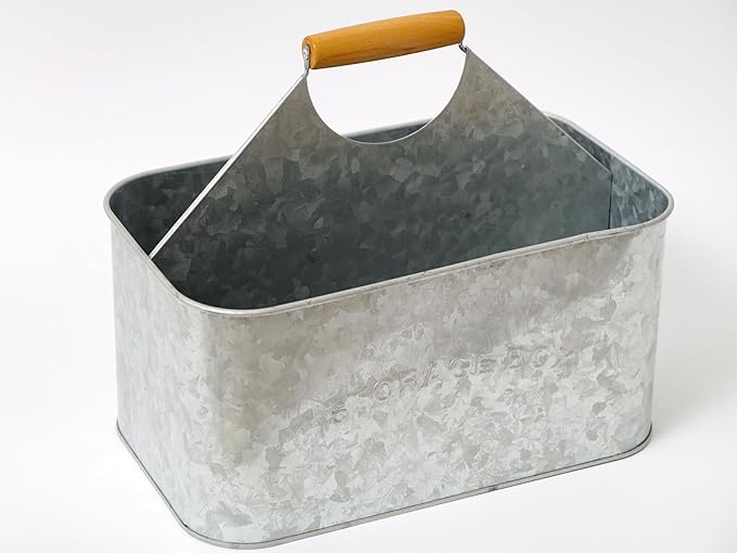 Plexon Metal Utensil Caddy With Handle - Farmhouse Rustic Kitchen Utensil Holder for Party Picnic Table Garden - Tool Cutlery Flatware Silverware Caddy Organizer Storage, Silver