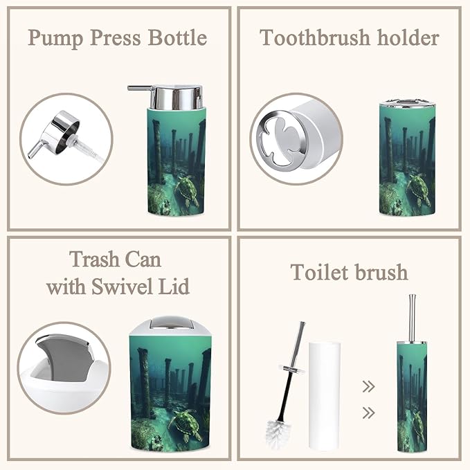 6 Piece Bathroom Accessories Set Surreal Art Ancient Sea Turtle Ruin Trash can Toilet Brush Holder Toothbrush Holder Toothbrush Cup Soap Dispenser Soap Dish for Home