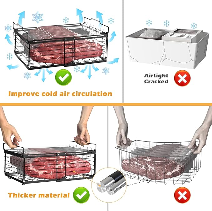 NADAMOO Freezer Organizer Bins, 3 Packs Large Expandable Stackable Chest Freezer Containers with Handle, Metal Adjustable Storage Baskets for Fridge, Deep Freezer, Cabinet, Kitchen, Pantry - Black