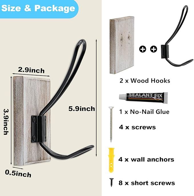 Wall Hooks for Hanging,Coat Hooks,Hat Hangers for Wall,2 Pack Adhesive Towel Hooks for Bathroom,Wood Coat Rack for Robe Keys Purse(Weathered White)