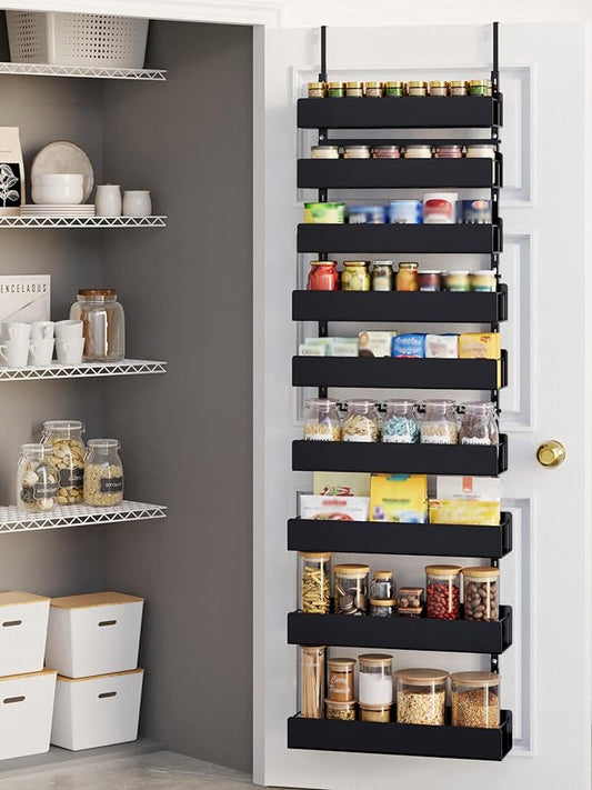 Over The Door Pantry Organizer - 9-Tier Hanging Spice Rack with Metal Shelving for Kitchen Pantry Organization and Storage, Black
