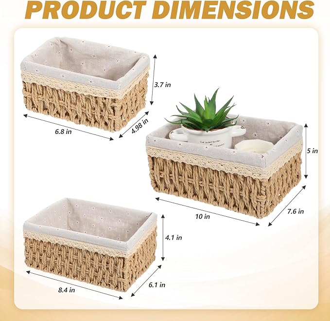 3 Pcs Storage Basket With Liner, Wicker Decorative Basket for coffee table, RectangleTray,Bathroom Countertop Organizer, rectangle Kitchen Drawer Organizer Storage (3 Sizes)