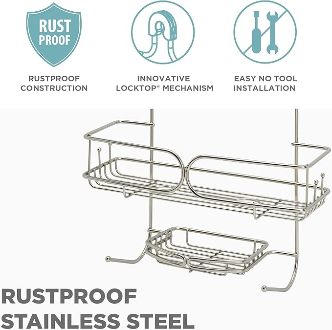Zenna Home Shower Caddy Hanging Bathroom Organizer, Stainless Steel Shower Rack with 2 Shelves and Built in Hooks, Rustproof Over Shower Head Storage System, Stainless Steel