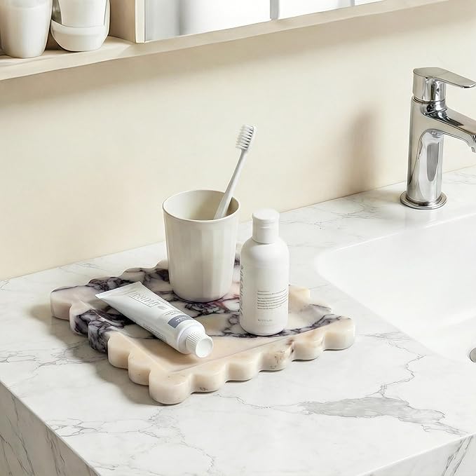 Elegant Square Marble Decorative Tray with Scalloped Edge Natural Stone Vanity Tray Organizer for Counter, Vanity, Dresser, Nightstand, Bathroom & Kitchen Sink(Calacatta Viola)