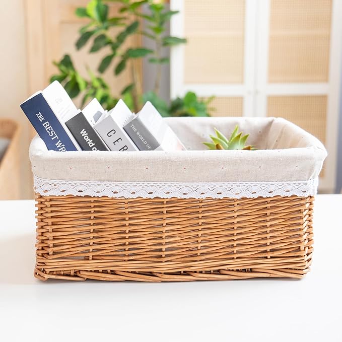 Willow Storage Basket with Linen Liner - 17.32 x 12.99 x 8.27 Inch Handwoven Decorative Bin for Home, Kitchen, Nursery - Rustic Organizer for Blankets, Toys, Fruits & More