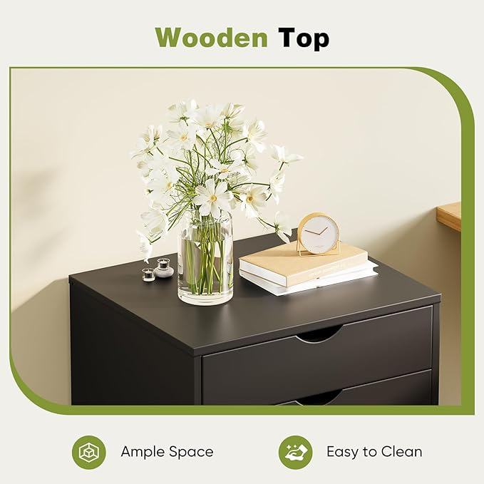Sweetcrispy 7 Drawer Chest Mobile Storage Cabinets Wooden Dresser with Wheels Room Organization Furniture for Office Home, Black Wood