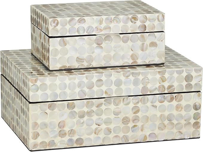 Deco 79 Mother of Pearl Shell Geometric Handmade Decorative Box Decorative Keepsake Boxes with Hinged Lid, Set of 2 Storage Boxes 12", 8"W, Cream