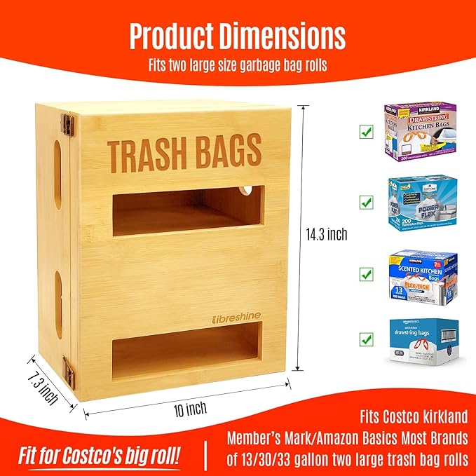 2-in-1 Extra Large Bamboo Trash Bag Dispenser Holder - Wall Mount Garbage Bag Organizer for Costco/Sam's Club Rolls, Space-Saving Kitchen/Pantry/Laundry/Garage Storage with Non-Slip Base