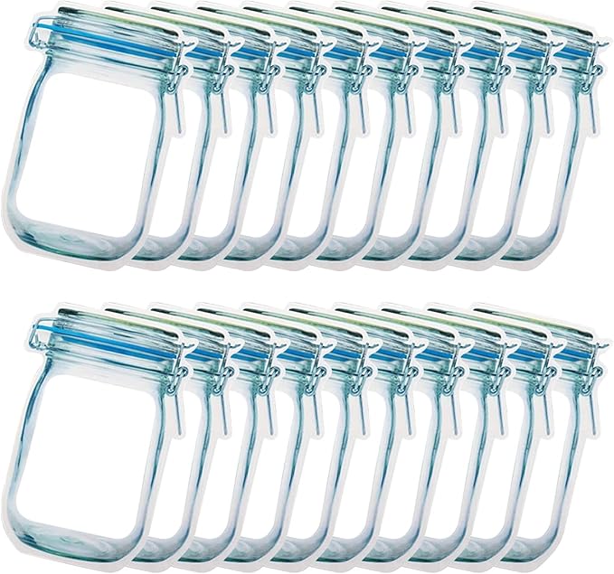 Enkrio 20 Pack Mason Jar Zipper Bags, Reusable Snack Food Storage Bags for Kitchen Sandwich Picnic Organizer