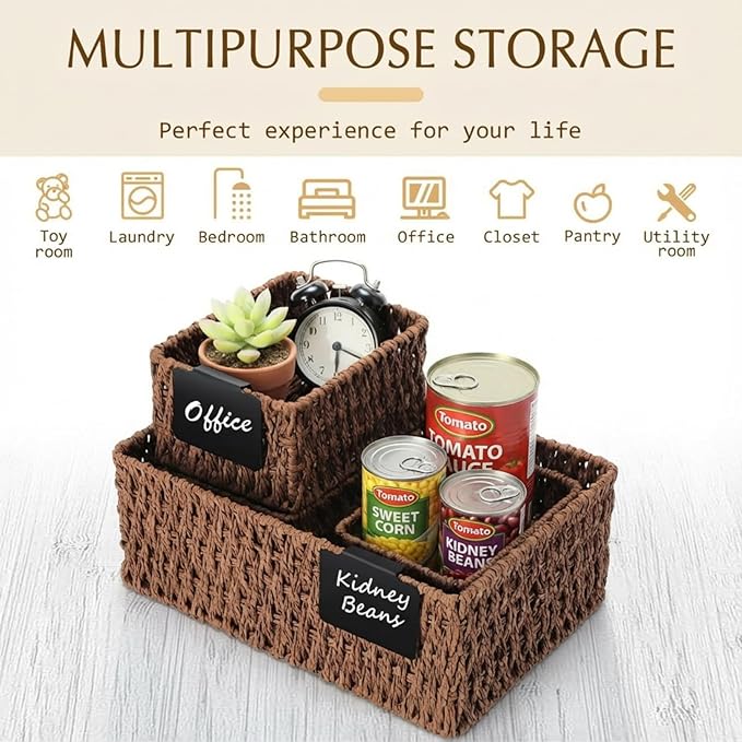 Marsui 6 Pcs Wicker Storage Baskets with Labels Handwoven Paper Rope Multi-size Brown Wicker Storage Bins for Organizing Small Baskets Container for Shelves Closet Pantry Toilet(Brown)