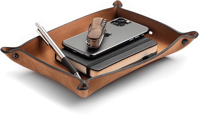 Main Street Forge Leather Valet Tray for Men â Rustic EDC Organizer for Keys, Phone & Wallet â Made in USA - Charred Oak