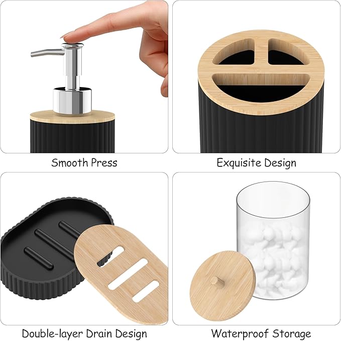 Bathroom Accessories Set - 24PCS Black Bathroom Set with Shower Curtain and Rugs,Trash Can,Toilet Brush Holder Set & Soap Dispenser – Stylish & Functional Bath Decor for Home, Apartment