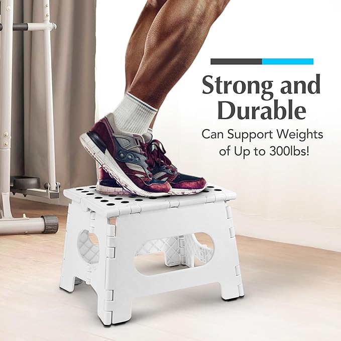 Handy Laundry Folding Lightweight Step Stool - Sturdy Enough to Support Adults and Safe Enough for Kids - Opens Easy with One Flip - Great for Kitchen, Bathroom or Bedroom (White - 9 Inch)