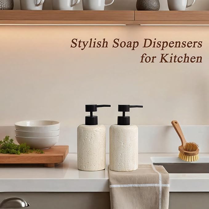 2pcs/Set Hand Soap Dispenser Sets - 10.8oz Refillable Resin Liquid Soap Dispensers with Rust-Proof Pump for Bathroom Countertop or Kitchen, Faux Travertine